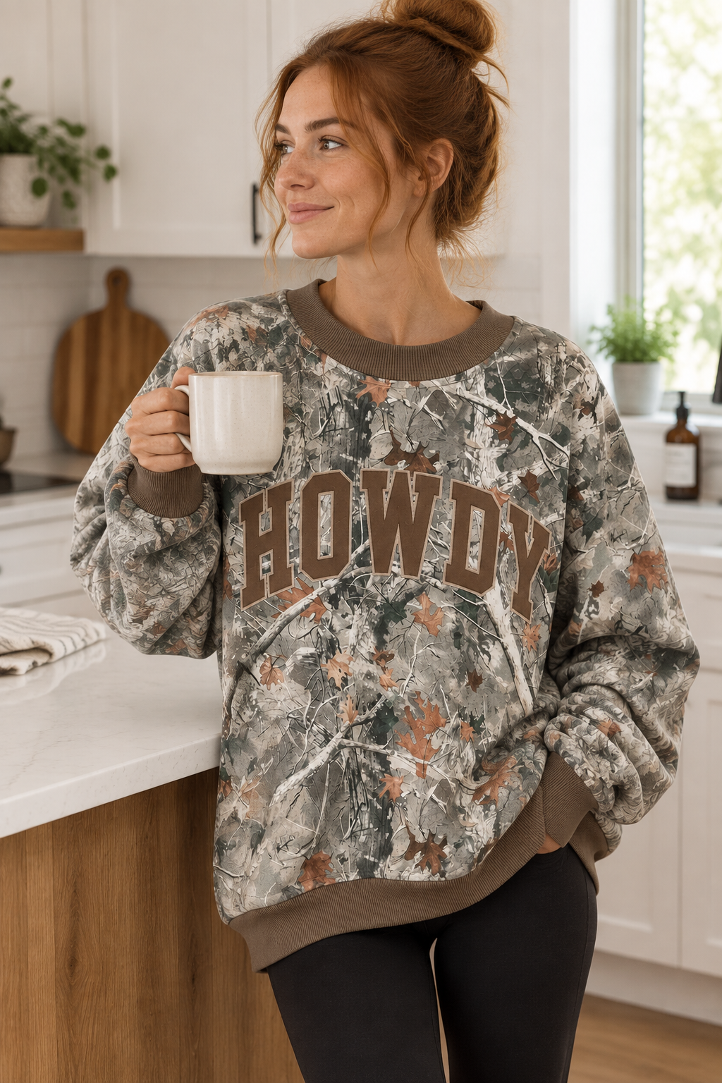 Mallard Duck Howdy Camo Oversized Top Southern Crewneck Western  Sweatshirt Contrast Ribbed Trim