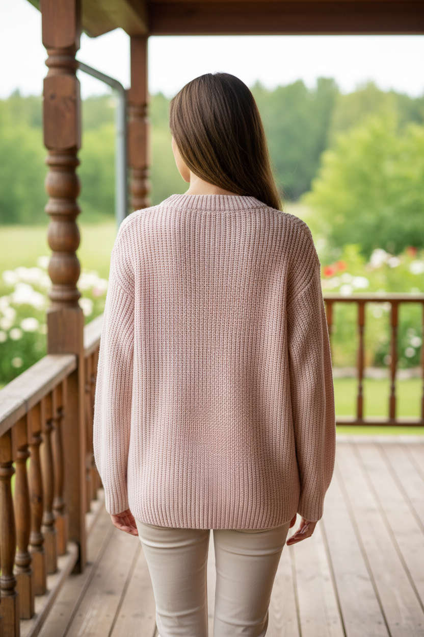 Knit Pink Ribbon Granny Floral Round Neck Shirt Long Sleeve Pullover Sweater