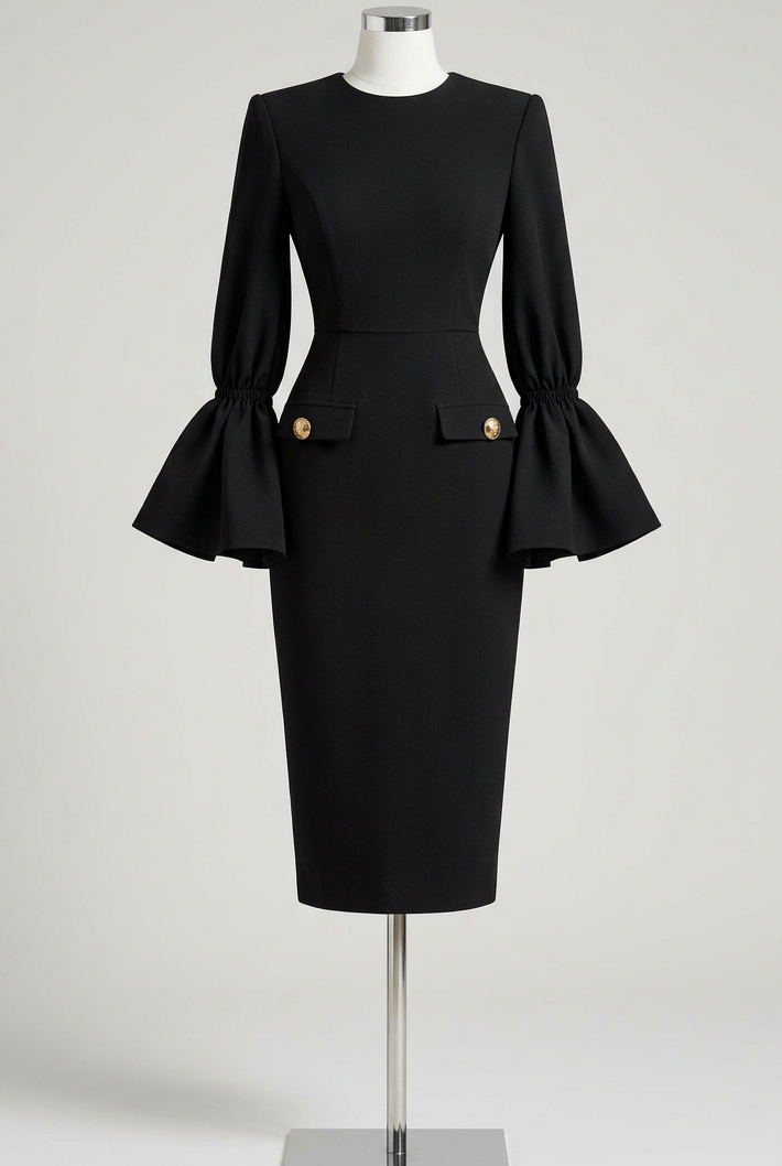 Dramatic Bell Sleeve Pencil Midi Dress Gold Button Faux Pocket Knee-length Bodycon