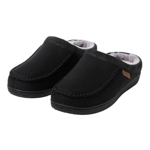 Dearfoams Men Slippers Faux Suede Plush Fur House Shoes Slip-On Black