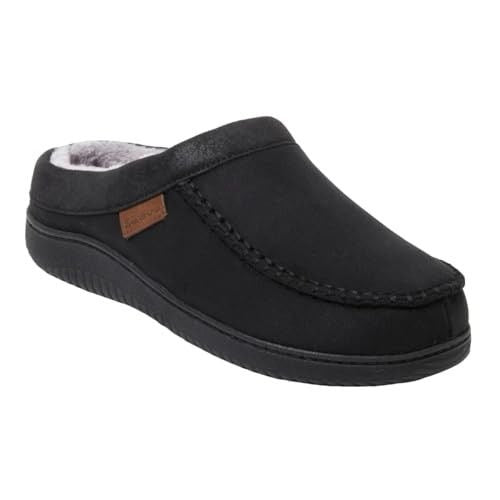 Dearfoams Men Slippers Faux Suede Plush Fur House Shoes Slip-On Black