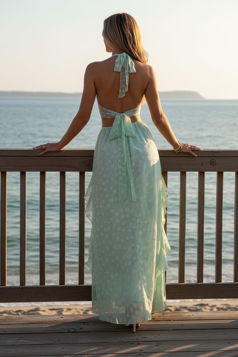 Cascading Ruffle Cutout Center Ring Plunge Halter Open Tie-Back Maxi Dress