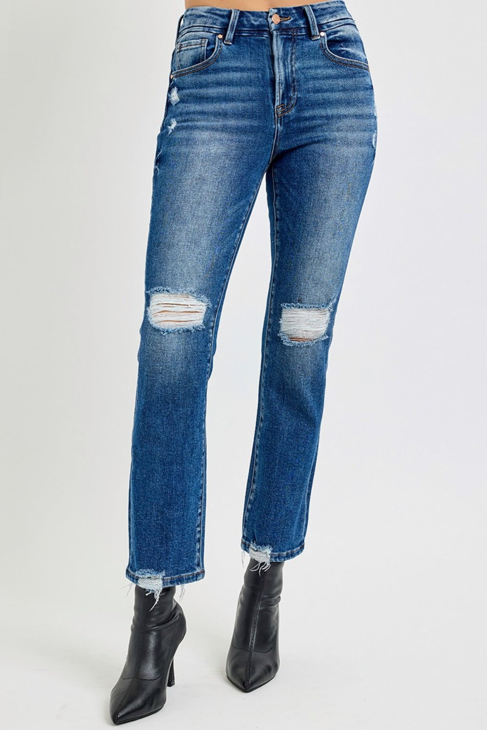 RISEN Distressed High-Rise Waist Slim Fit Jeans Ripped Cropped Denim Pants