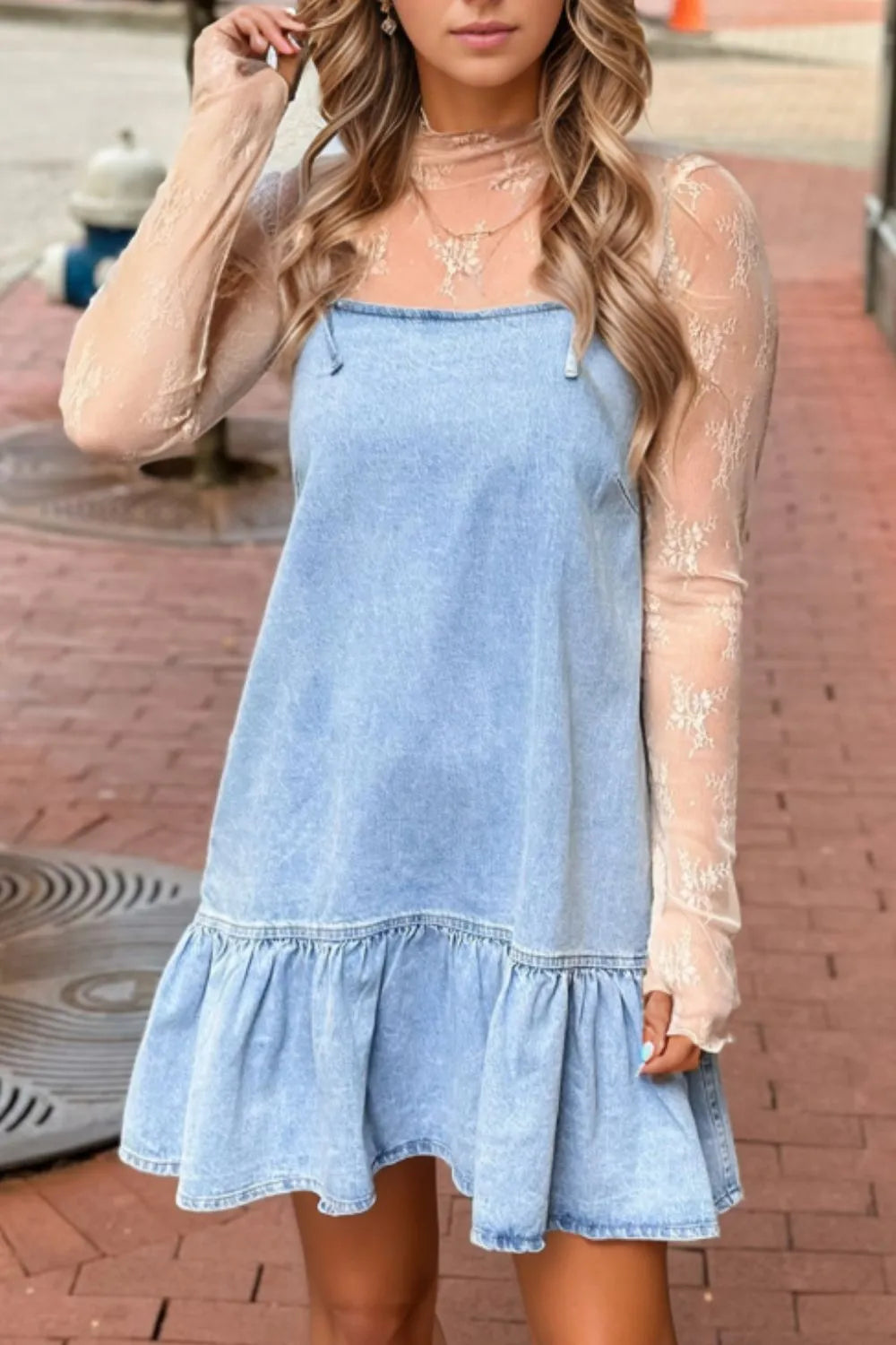 denim spaghetti strap babydoll dress Bow Spaghetti Strap Ruffle Hem Side Pocket Denim Dress Babydoll Jean Mini Light Blue / XL
