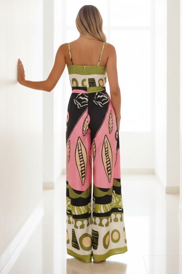 Tie Knot Cutout Sweetheart Neck Side Slit Pockets Wide Leg Pant Smocked Zipper Back Jumpsuit
