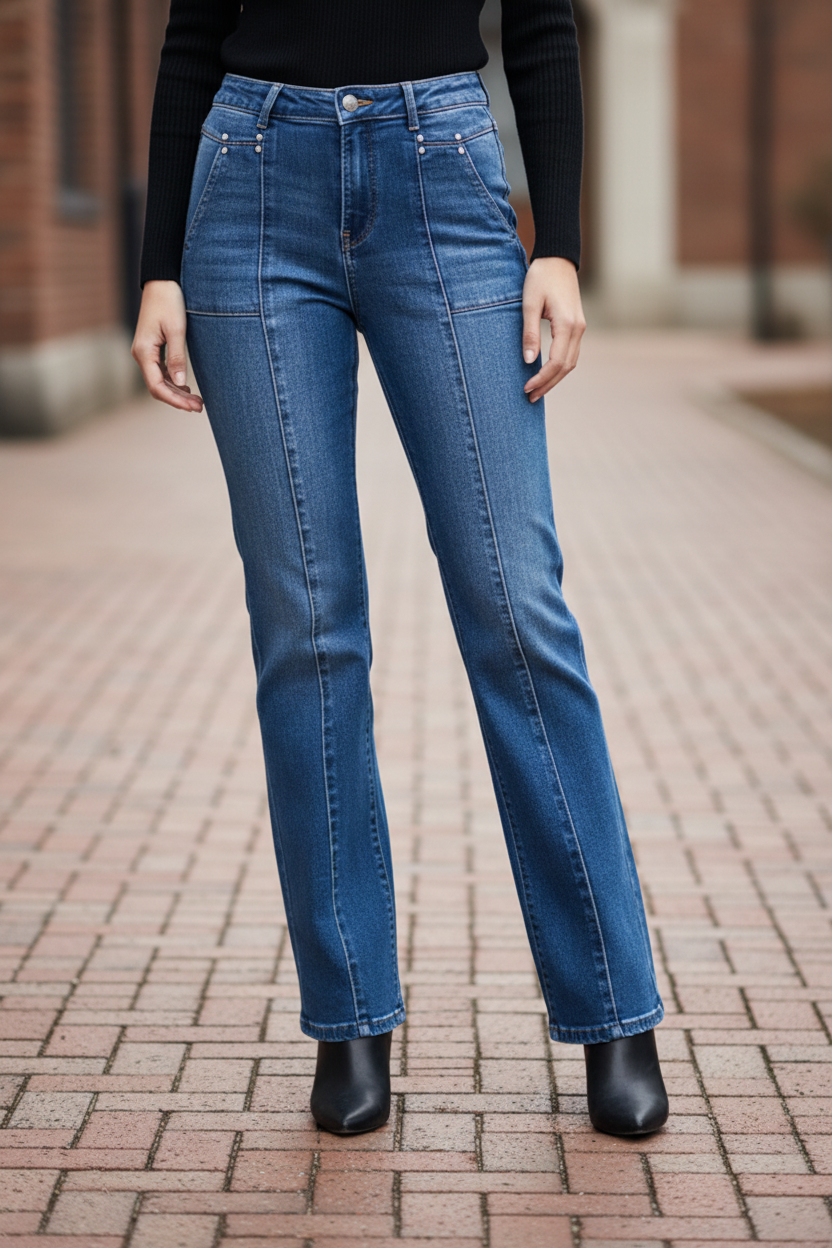 Risen High-Rise Vertical Seam Straight Leg Pants Patch Pocket Slim Denim Jeans