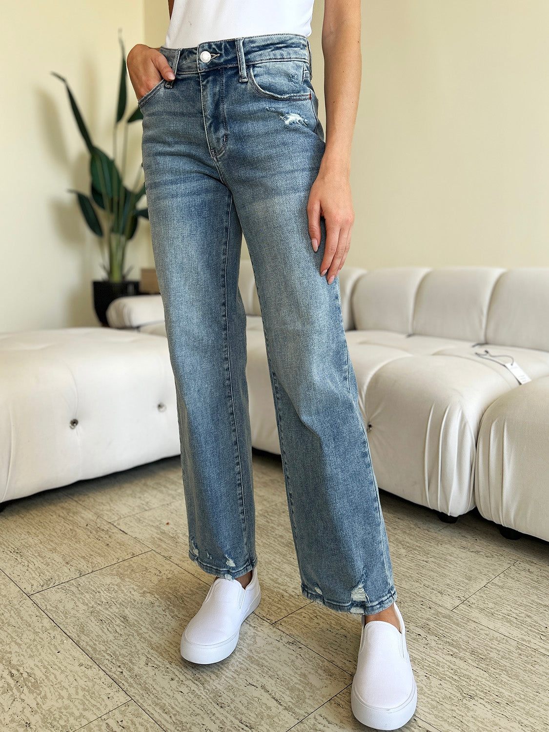 Judy Blue High-Rise Waist Distressed Denim Boyfriend Straight Leg Jean Pants