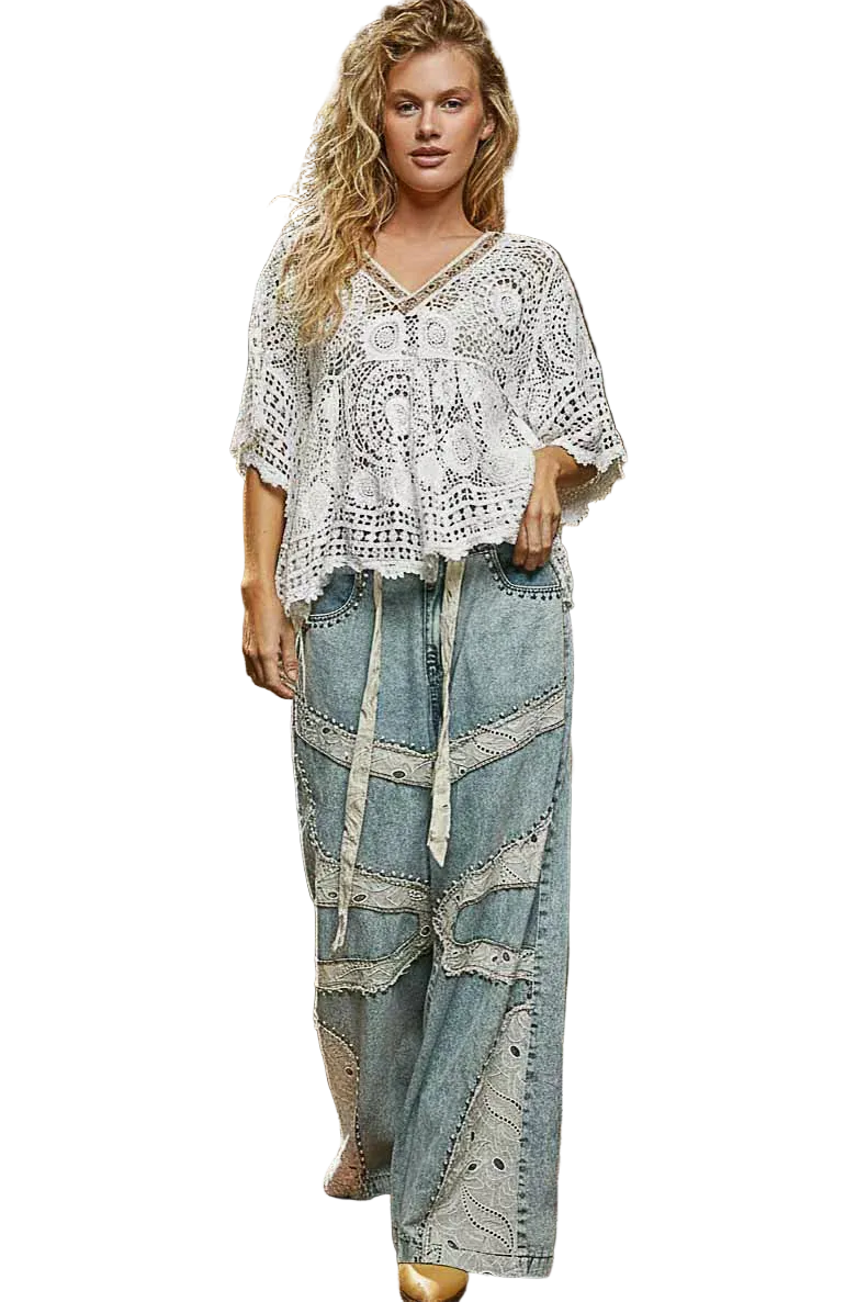 POL Beaded Contrasting V-Neck Top Openwork Granny Crochet Scalloped Hem Blouse Off-white