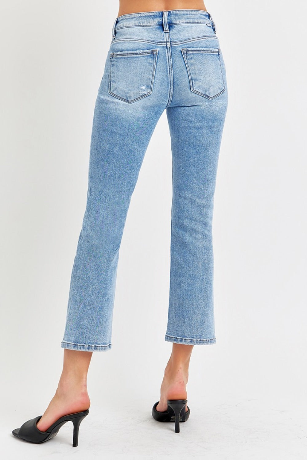 RISEN Low-Rise Waist Distressed Straight Leg Jeans Cropped Raw Hem Denim Pants