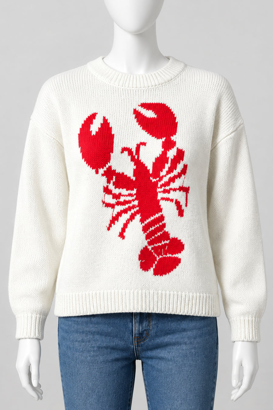 Lobster Graphic Knit Sweater Crew Neck Nautical Long Sleeve Coastal Pullover Top