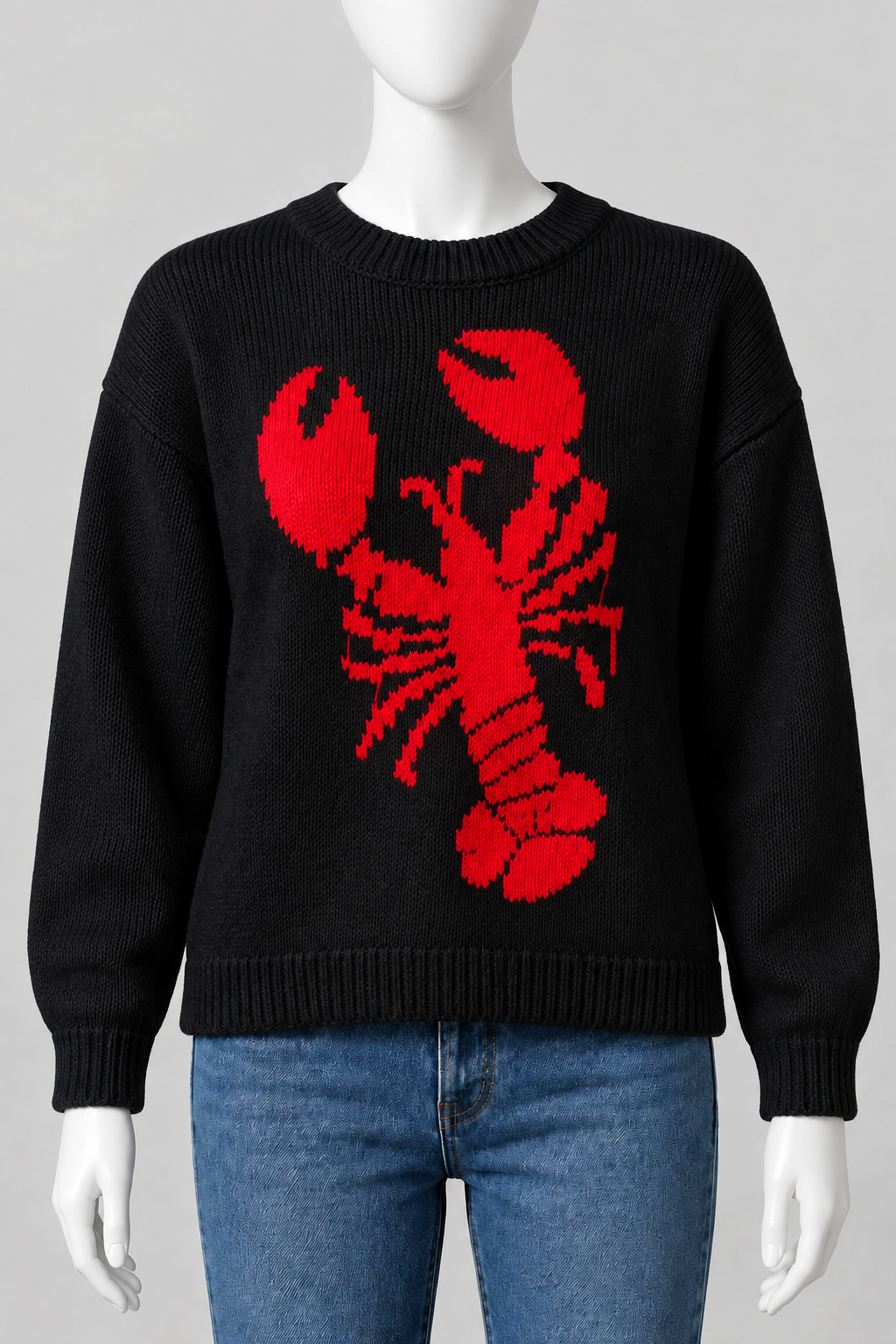 Lobster Graphic Knit Sweater Crew Neck Nautical Long Sleeve Coastal Pullover Top