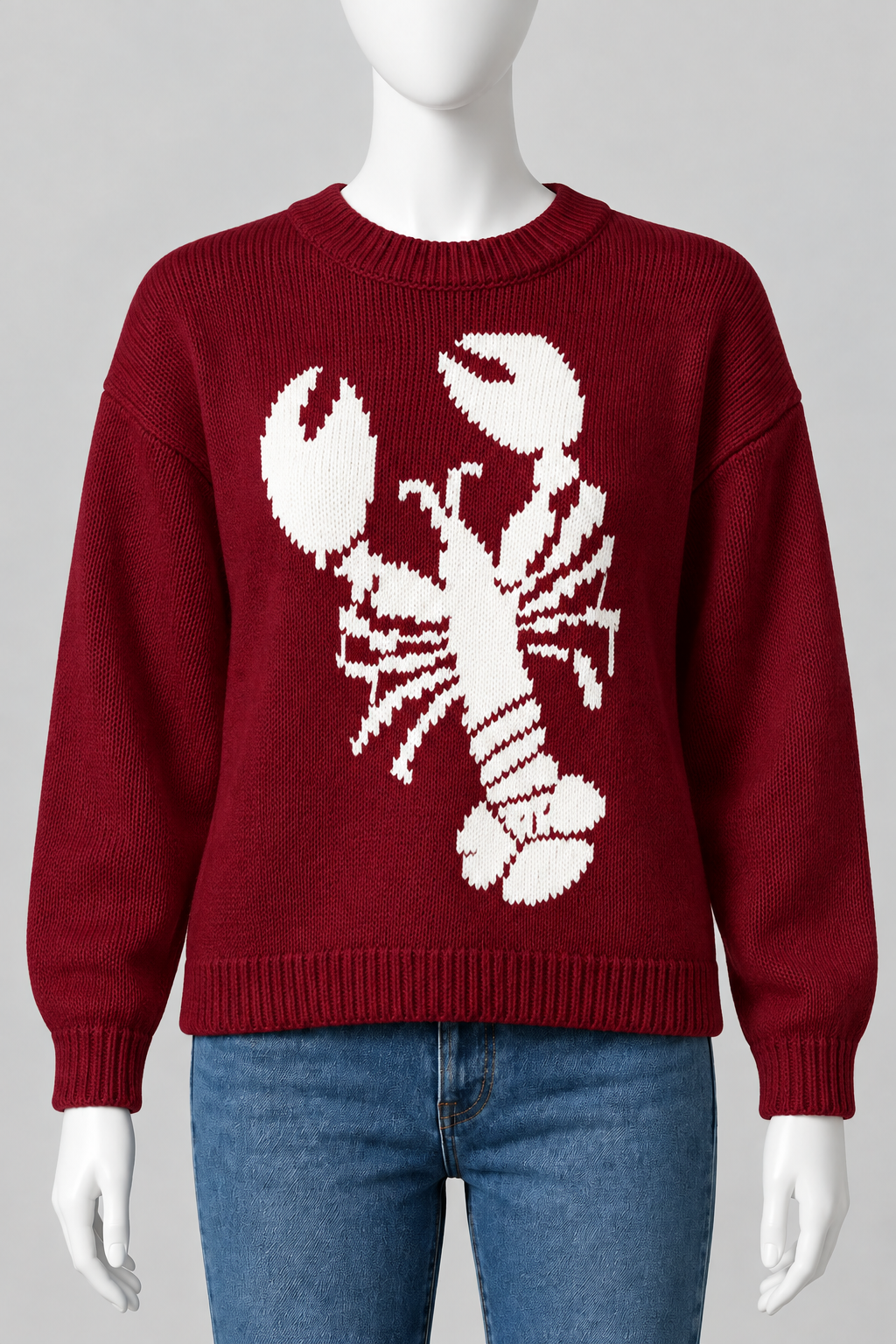 Lobster Graphic Knit Sweater Crew Neck Nautical Long Sleeve Coastal Pullover Top