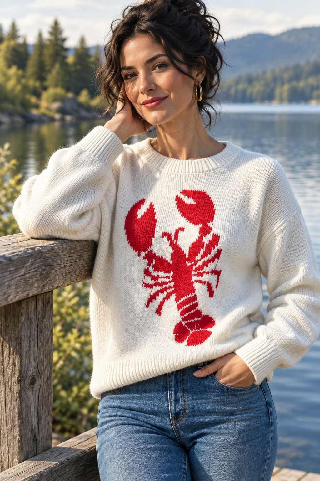 Lobster Graphic Knit Sweater Crew Neck Nautical Long Sleeve Coastal Pullover Top