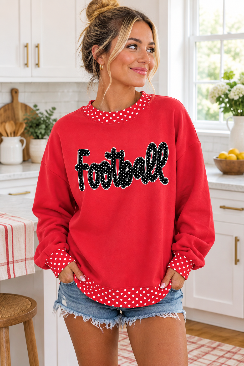 Football Polka Dot Graphic Oversized Sweatshirt Contrast Trim Game Day Pullover