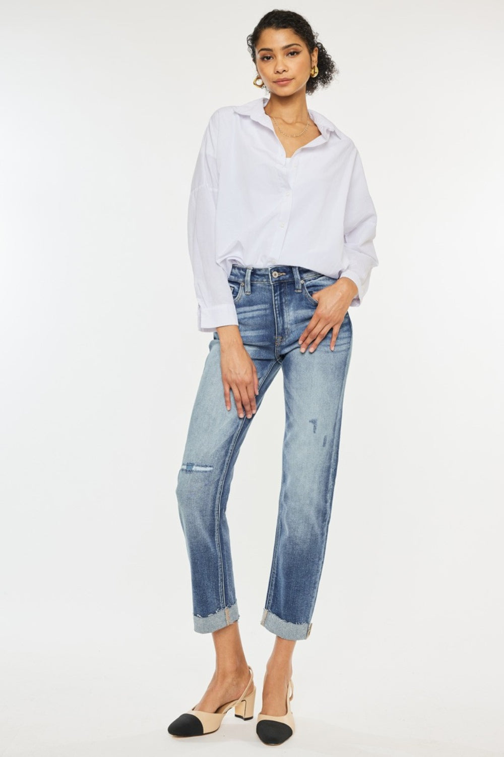 KanCan Distressed High-Rise Retro Mom Jeans Straight Leg Cuffed Raw Denim Pants