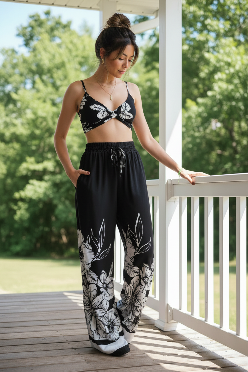 Matching Boho Butterfly Smocked Back Crop Top High-Rise Elastic Waist Wide Leg Pants Set
