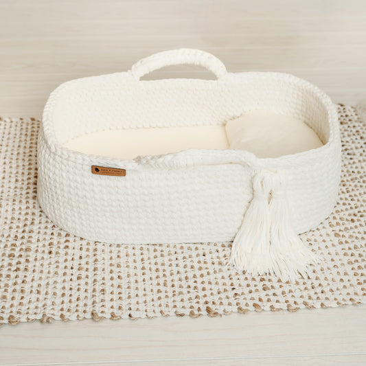 Finn + Emma Carry Cot Moses Baby Carrier Basket Handmade Organic Cotton Crochet Knit Bassinet