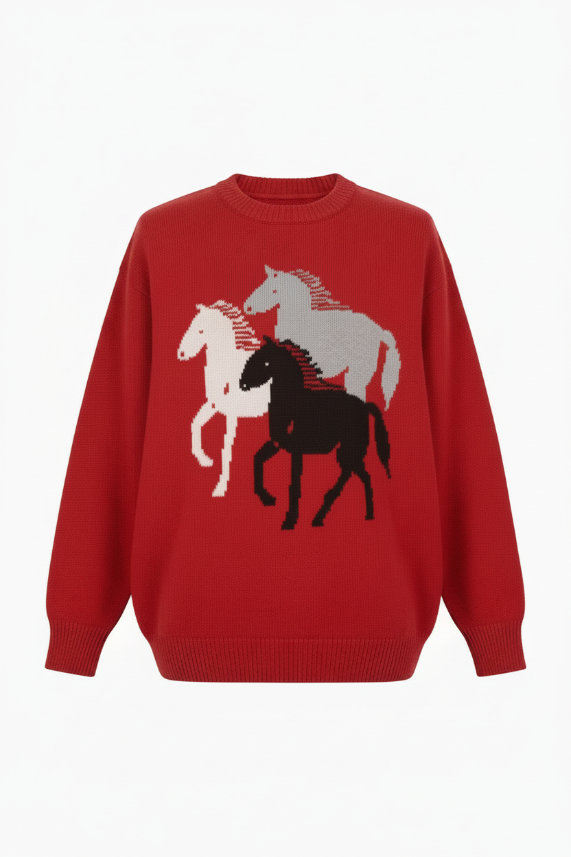 Horse Knit Equestrian Western Cowgirl Round Neck Long Sleeve Preppy Sweater