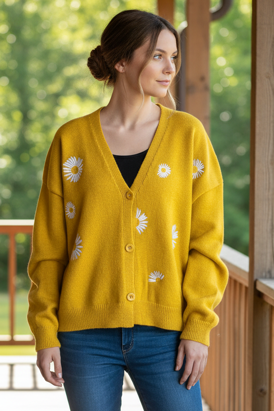 Granny Embroidered Daisy Button Front Sweater V-Neck Long Sleeve Knit Cardigan