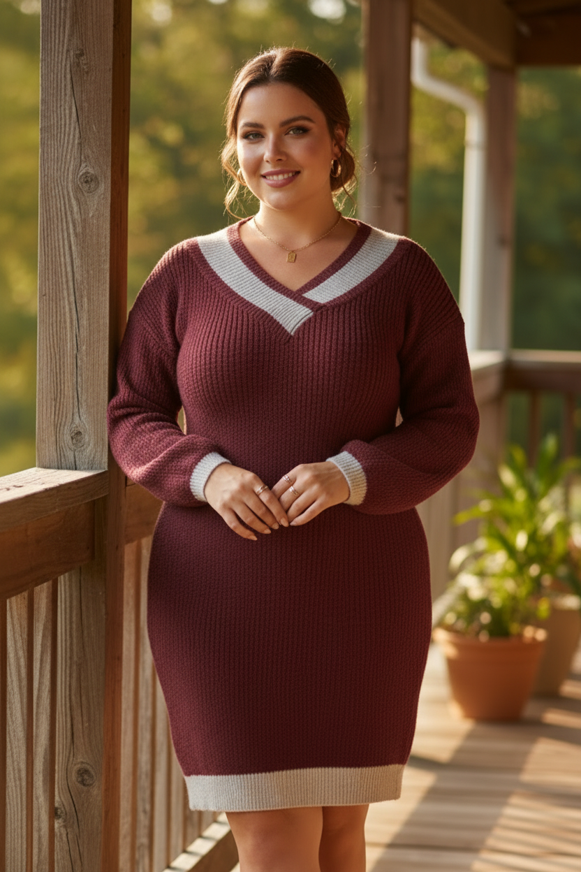 Varsity Stripe Plus Size V-Neck Contrast Trim Long Sleeve Knee Length Knit Sweater Dress
