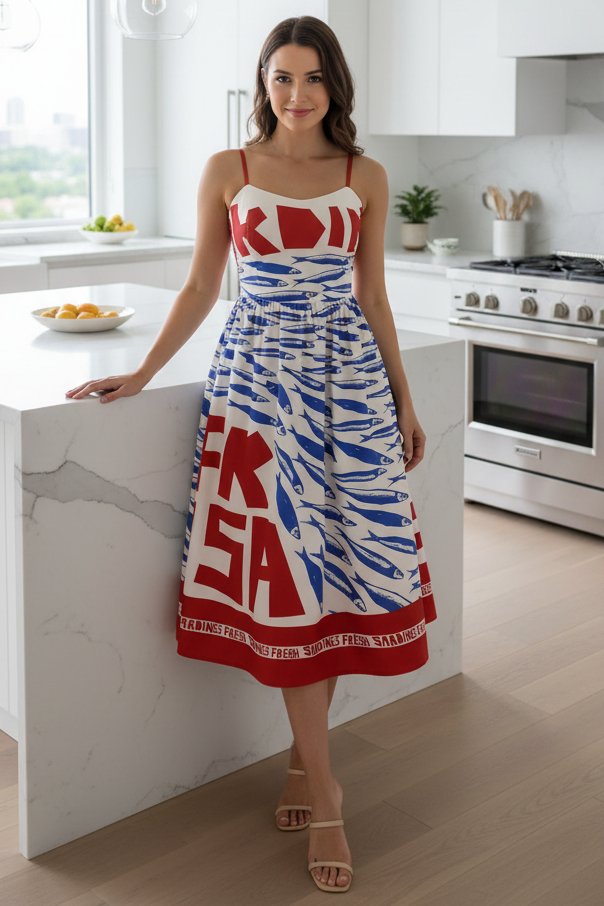Mediterranean Sardine Fish Adjustable Spaghetti Strap Smocked Back Full Skirt Midi Dress