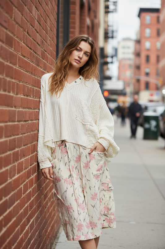 POL V-Neck Gauze Patchwork Ribbed Oversized Baggy Top Long Sleeve Blouse Off-white