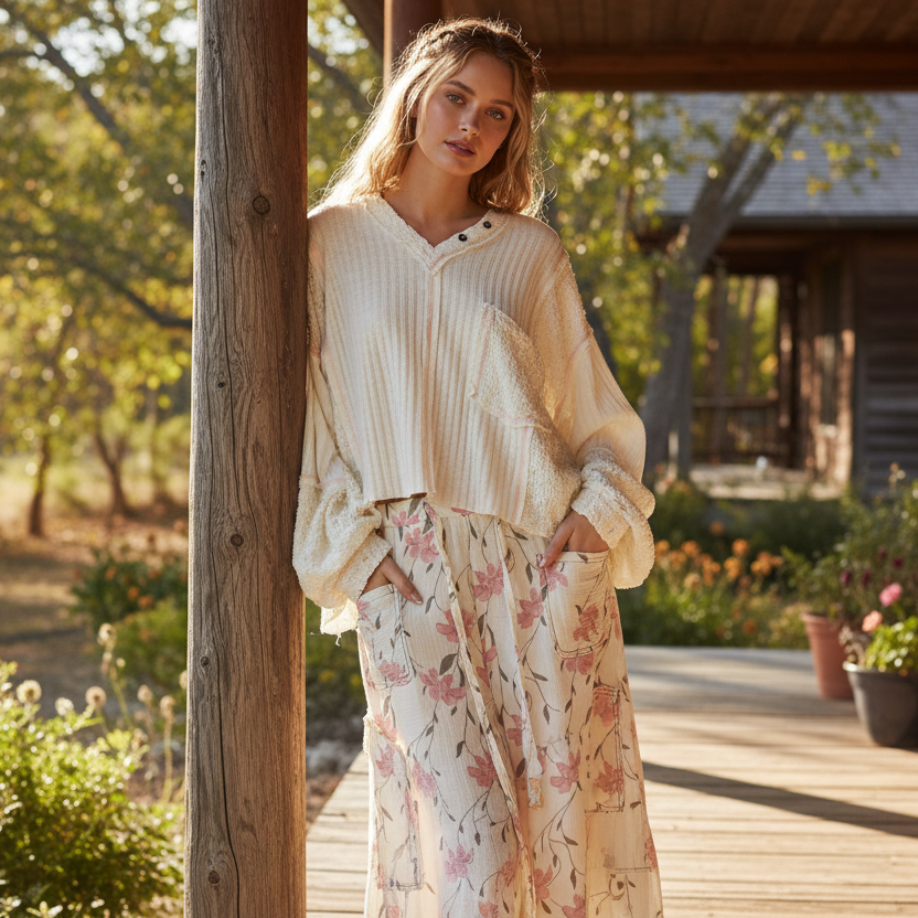 POL V-Neck Gauze Patchwork Ribbed Oversized Baggy Top Long Sleeve Blouse Off-white