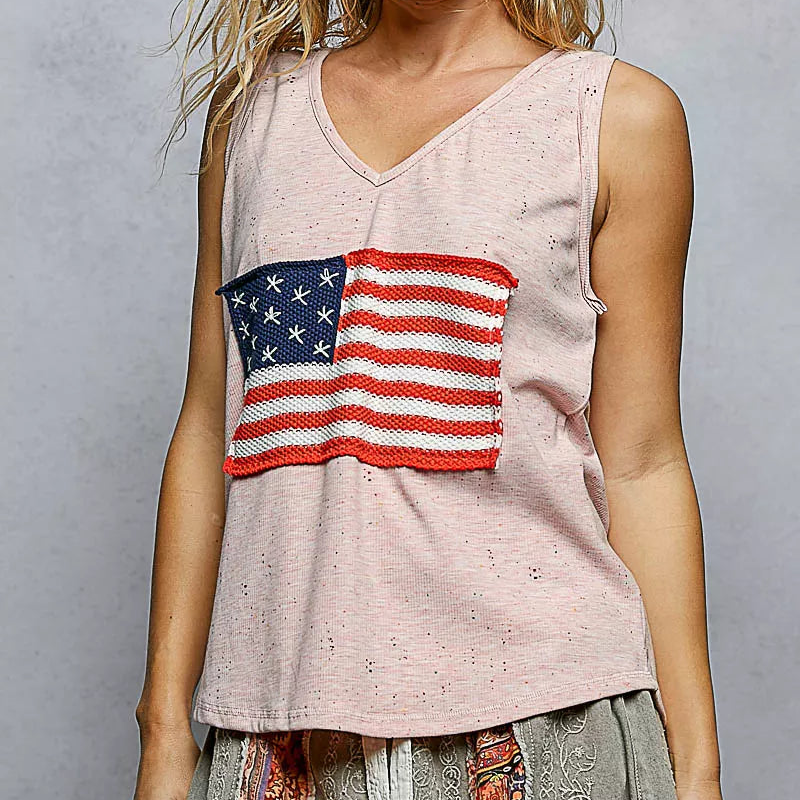 POL Crochet American Flag Patchwork Ribbed Tank Top V-Neck Sleeveless Shirt Pink
