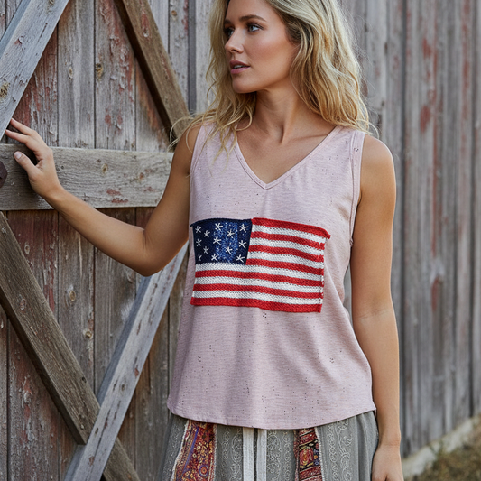 POL Crochet American Flag Patchwork Ribbed Tank Top V-Neck Sleeveless Shirt Pink