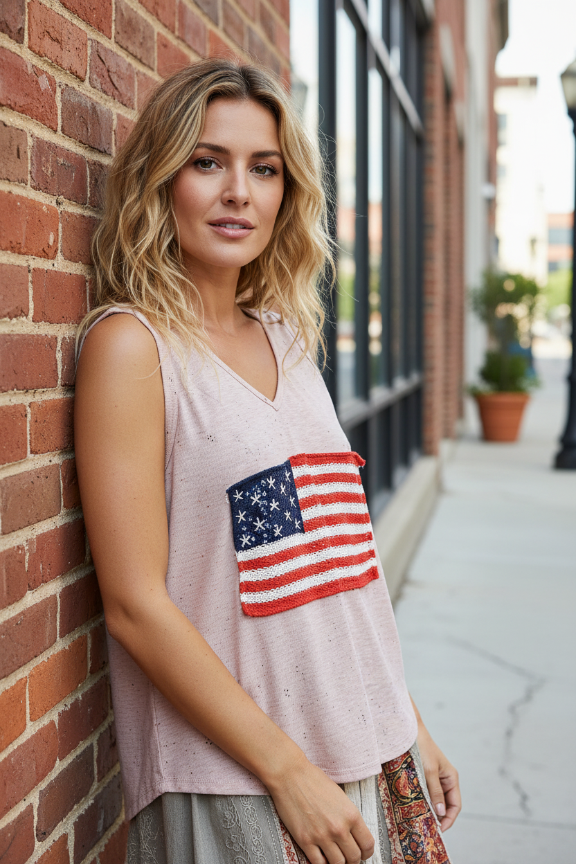 POL Crochet American Flag Patchwork Ribbed Tank Top V-Neck Sleeveless Shirt Pink