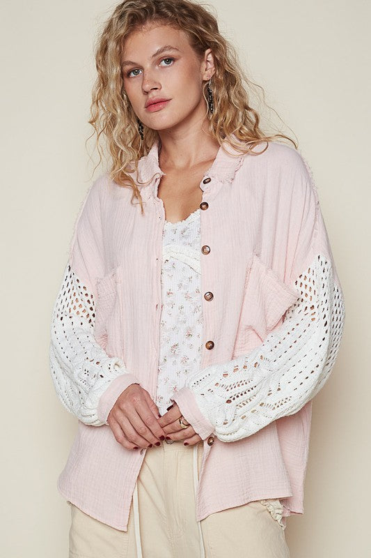 POL Crochet Patchwork Oversized Button-Up Blouse Long Sleeve High-low Gauze Shirt