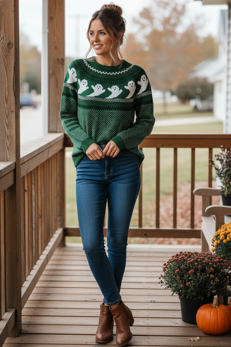 Ghost Fair Isle Nordic Crew Neck Top Long Sleeve Halloween Pullover Knit Sweater