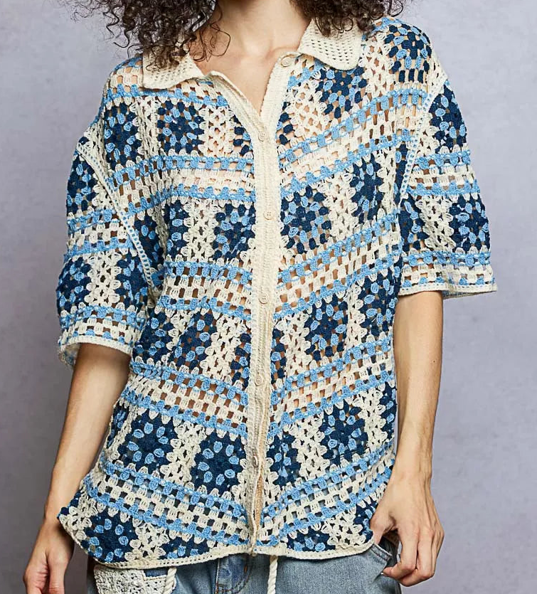 POL Granny Square Crochet Collared Shirt Button-up Retro Contrast Openwork Top Blue