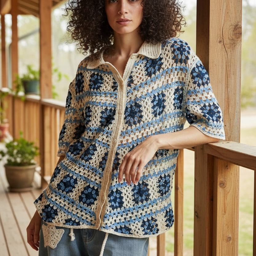 POL Granny Square Crochet Collared Shirt Button-up Retro Contrast Openwork Top Blue