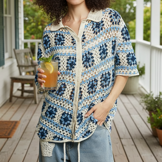 POL Granny Square Crochet Collared Shirt Button-up Retro Contrast Openwork Top Blue