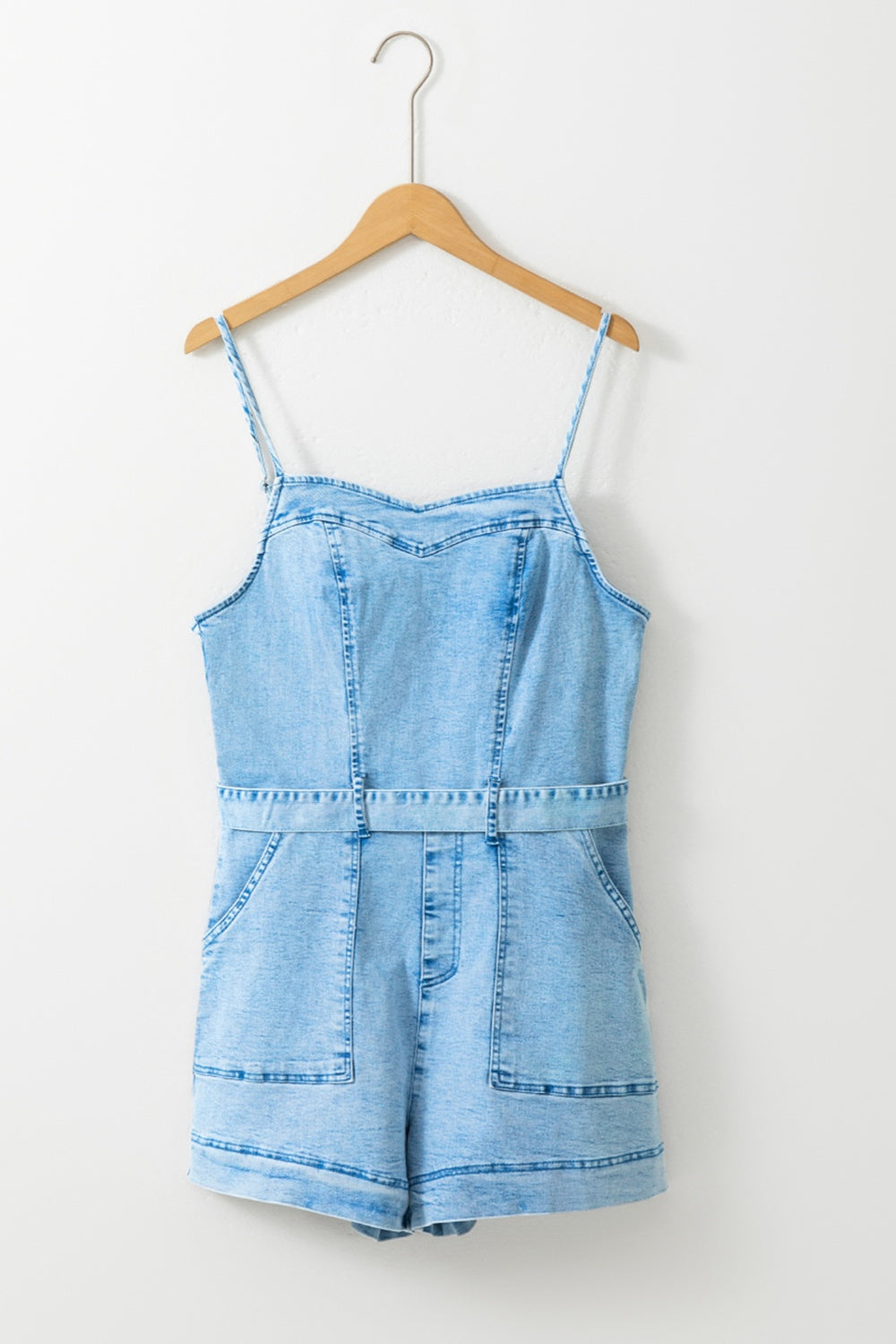 Denim Shorts Romper Sweetheart Sleeveless Spaghetti Strap Belt Jean Pocket Jumpsuit