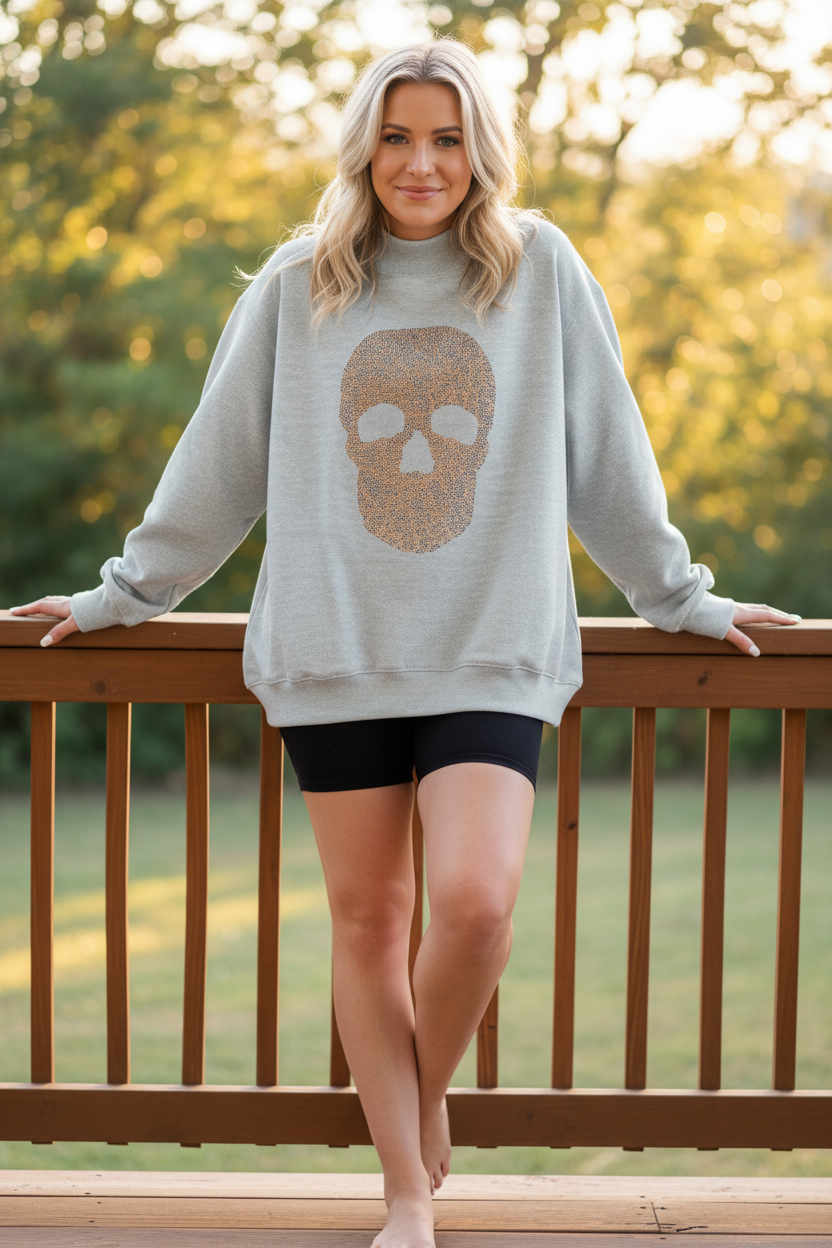 Rhinestone Leopard Skull Mock Neck Baggy Halloween Top Pullover Sweatshirt