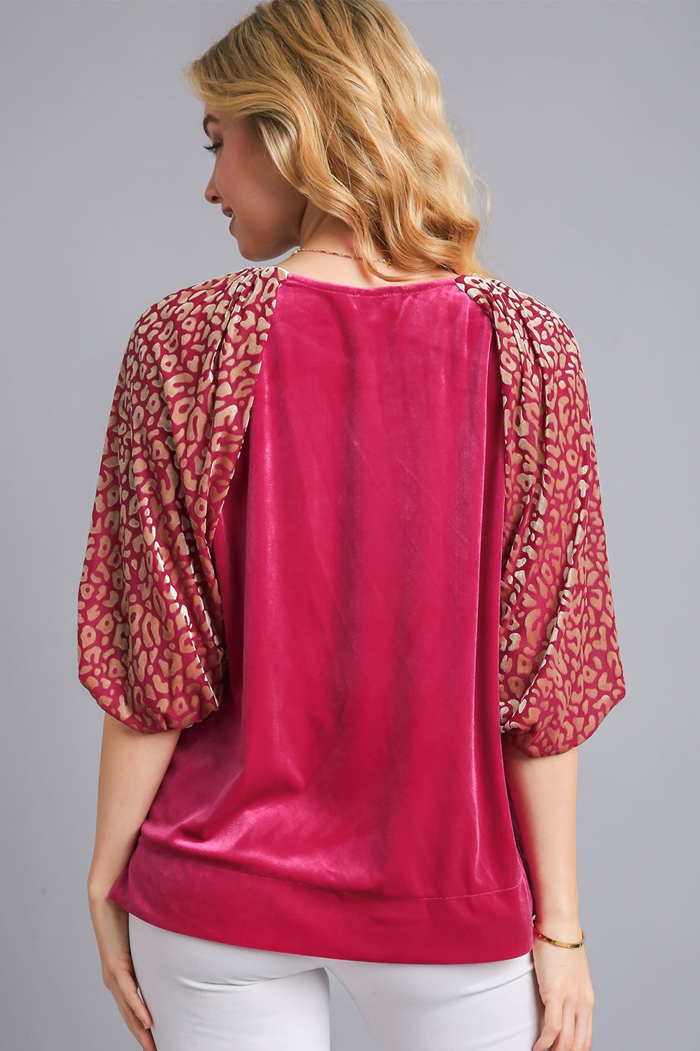 Umgee Leopard Velvet Sheer Balloon Half Sleeve Shirt Split Side Top High-Low Blouse