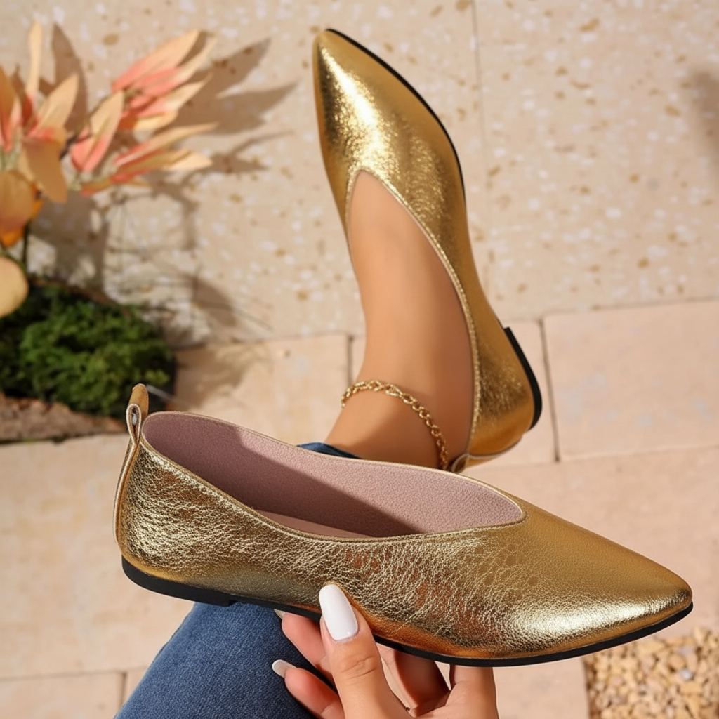 Crackle Metallic Pointed Toe Ballet Flats Slip-On Shiny Faux Leather V-cut Top Shoes