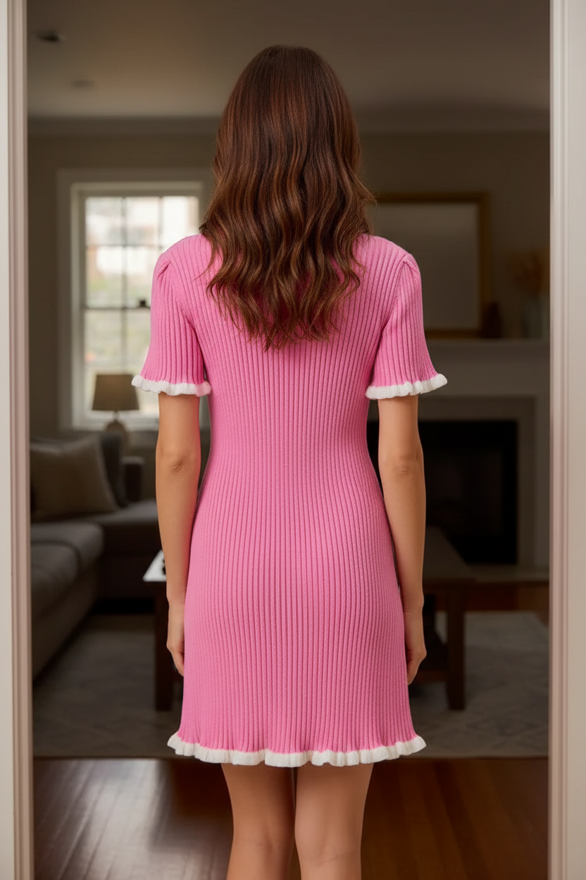 SO ME Contrast Ruffle Ribbed Sweater Knit Mini Dress Round Neck Short Sleeve Pink
