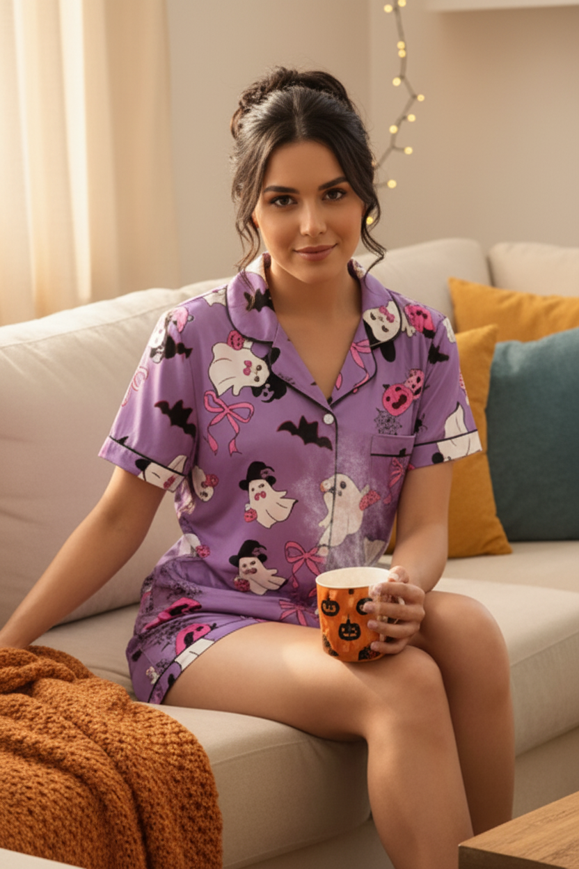 Ghost Button-Down Chest Pocket Top and Shorts Halloween Lounge Set Matching Pajamas