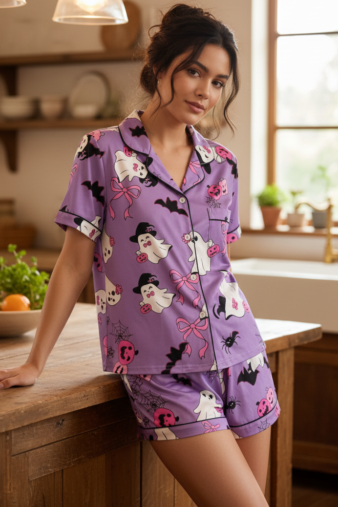 Ghost Button-Down Chest Pocket Top and Shorts Halloween Lounge Set Matching Pajamas
