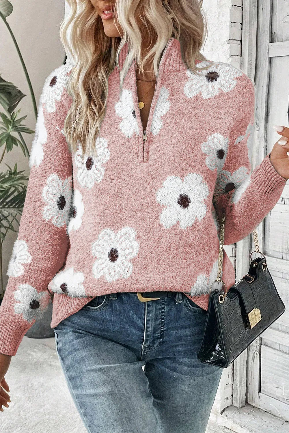 Fuzzy Half-Zip Pullover Daisy Retro Flower Top Eyelash Knit Henley Neck Sweater Shirt