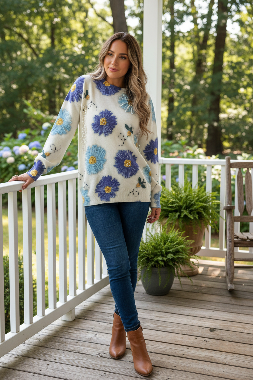 Pearl Rhinestone Floral Bee Embellished Crewneck Sweater Artsy Cottagecore Knit