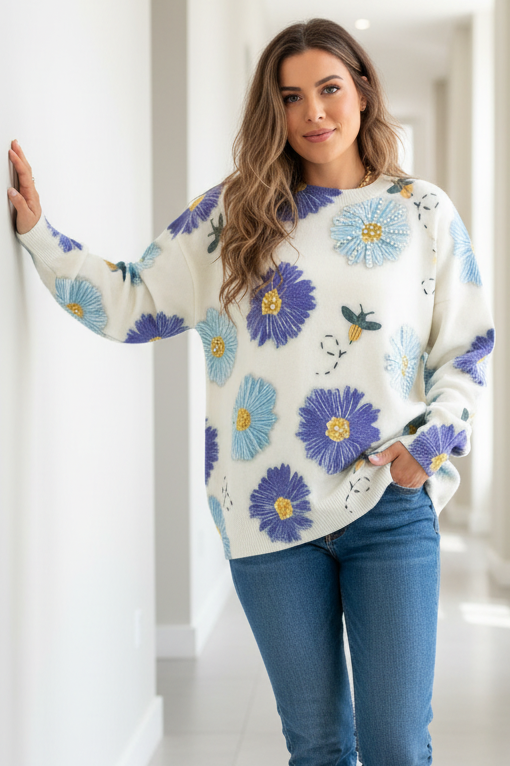 Pearl Rhinestone Floral Bee Embellished Crewneck Sweater Artsy Cottagecore Knit