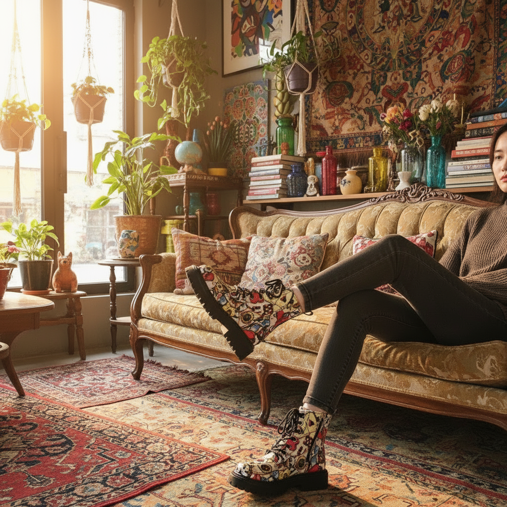 Graffiti Combat Boots Lace-up Streetwear Lug Chunky Utility Artists Retro Shoes