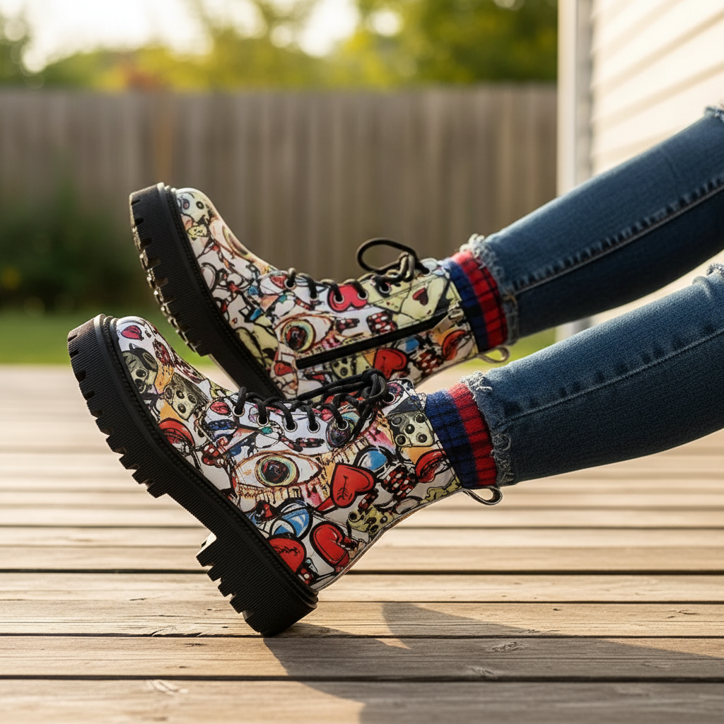 Graffiti Combat Boots Lace-up Streetwear Lug Chunky Utility Artists Retro Shoes