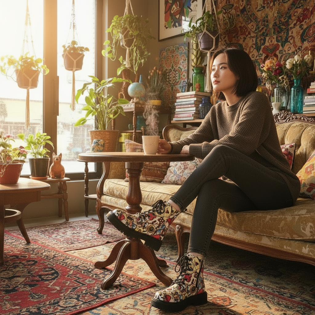 Graffiti Combat Boots Lace-up Streetwear Lug Chunky Utility Artists Retro Shoes