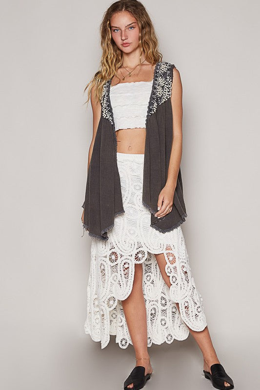 POL Lace Pearl Embroidered Patchwork Boho Vest Gauze Raw Hem Sleeveless Cardigan Charcoal Gray