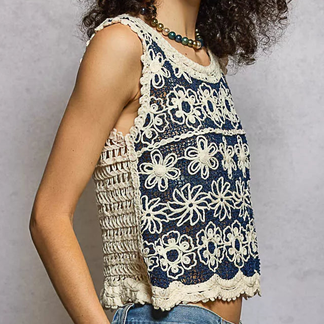 POL Crochet Openwork Floral Tank Top Round Neck Cropped Sleeveless Boho Shirt Cream Blue